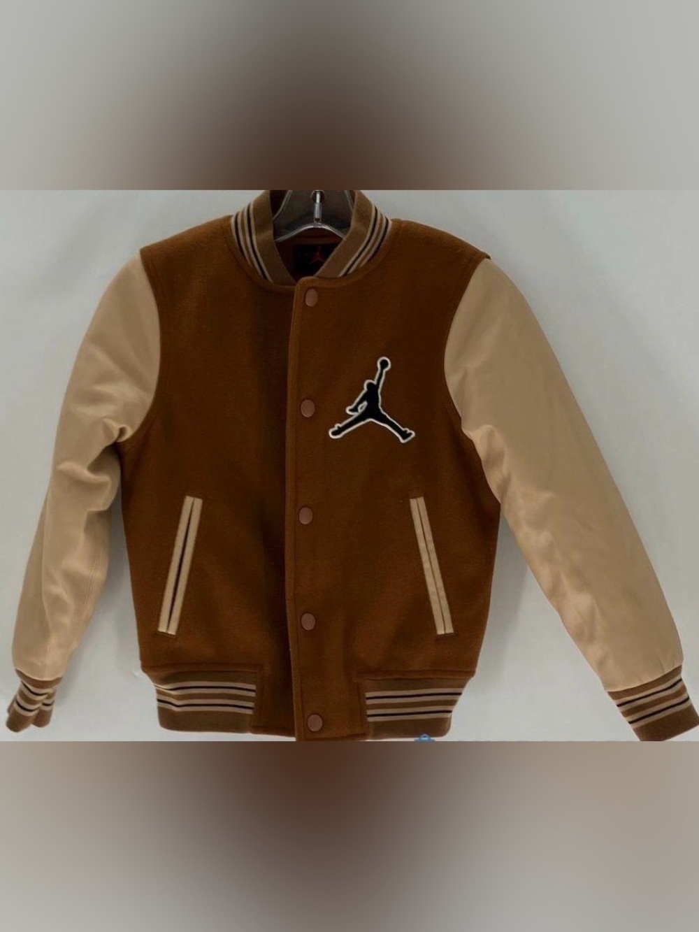Boys Jordan Flight Varsity Bomber Brown Button Snap Jacket Sz. S 8-10yr excellen